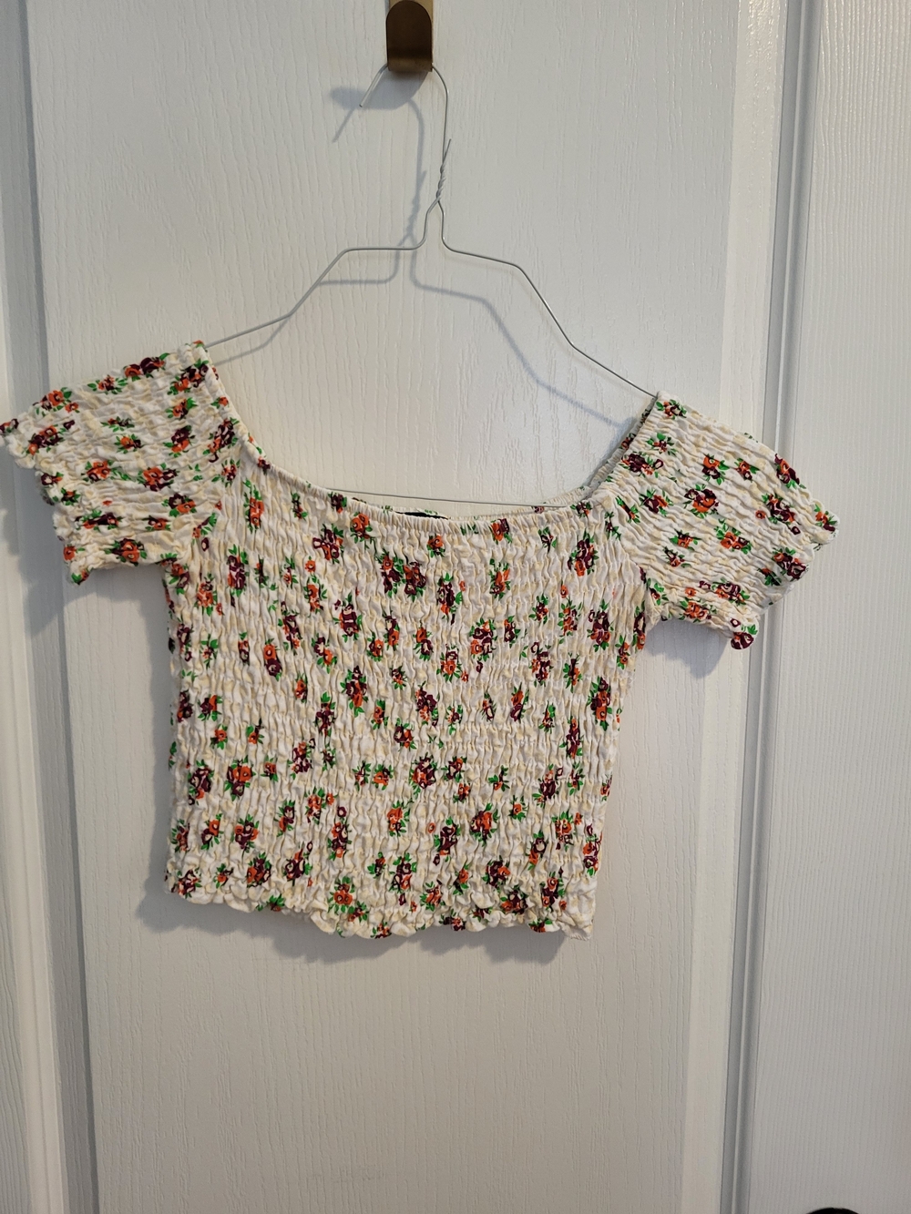 Topshop White Smocked Floral Off-Shoulder Crop Top